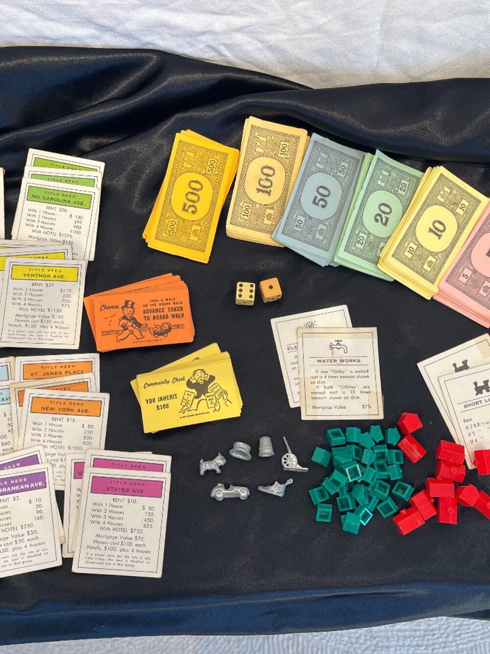 Vintage Monopoly Money, Property Cards, Play Cards & Pieces dice